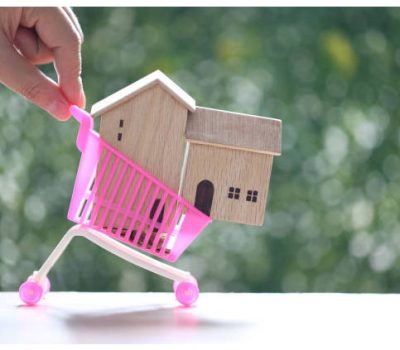 Model house on miniature cart with natural green background,Business investment and real estate concept